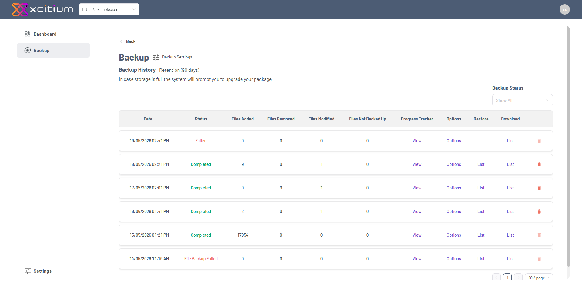 Portal - Website Tab Manage Xcitium Backup History Dashboard