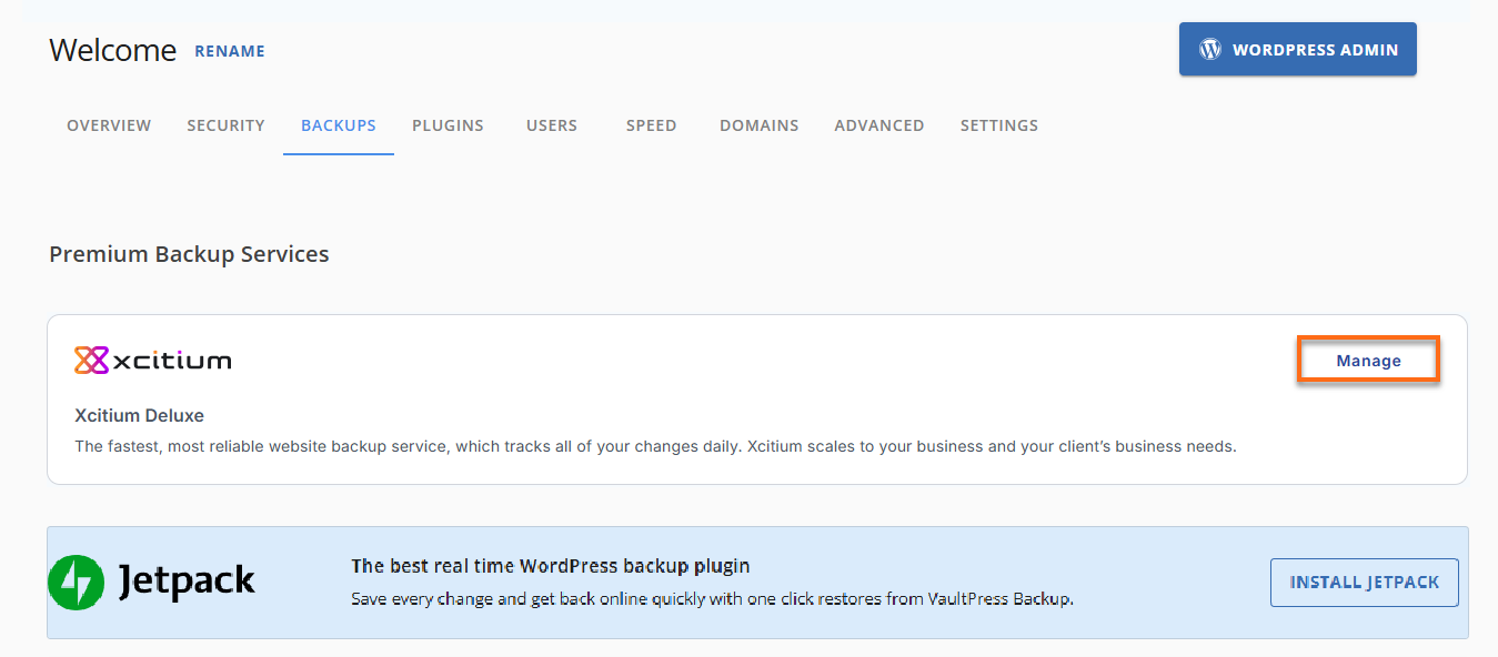 HostGator Portal - Website Tab Manage Xcitium