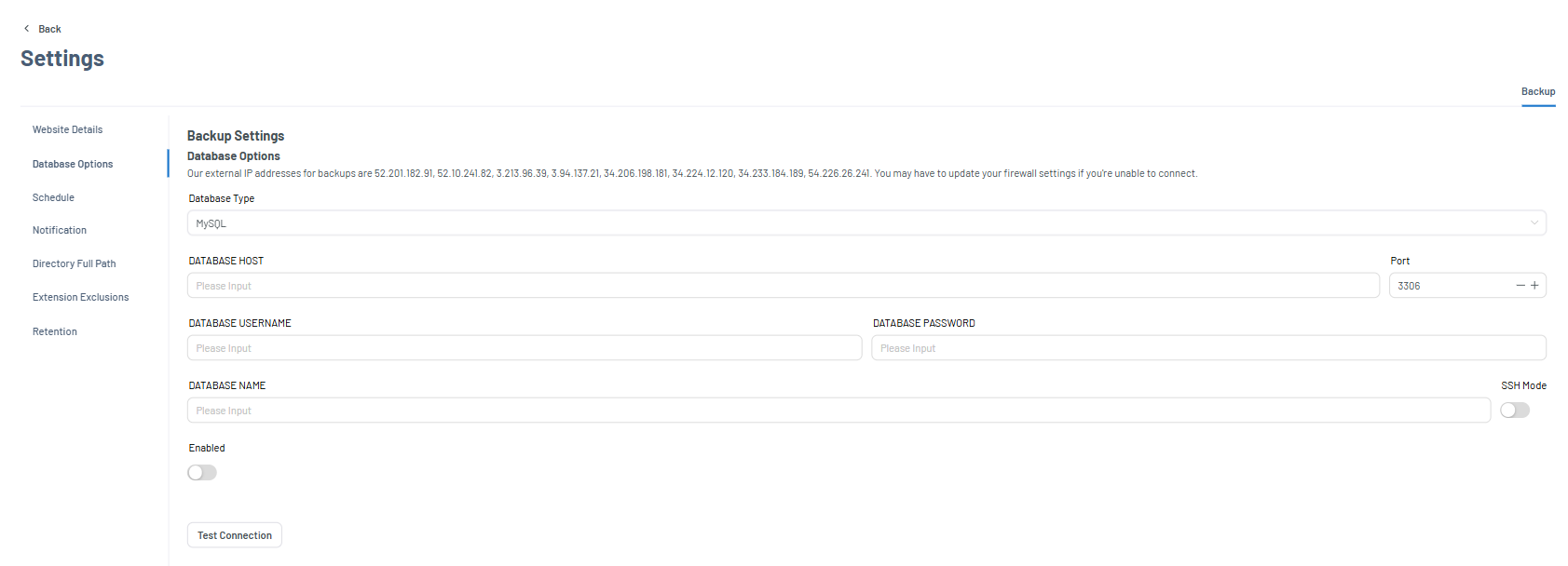 Xcitium Settings tab - Database Options