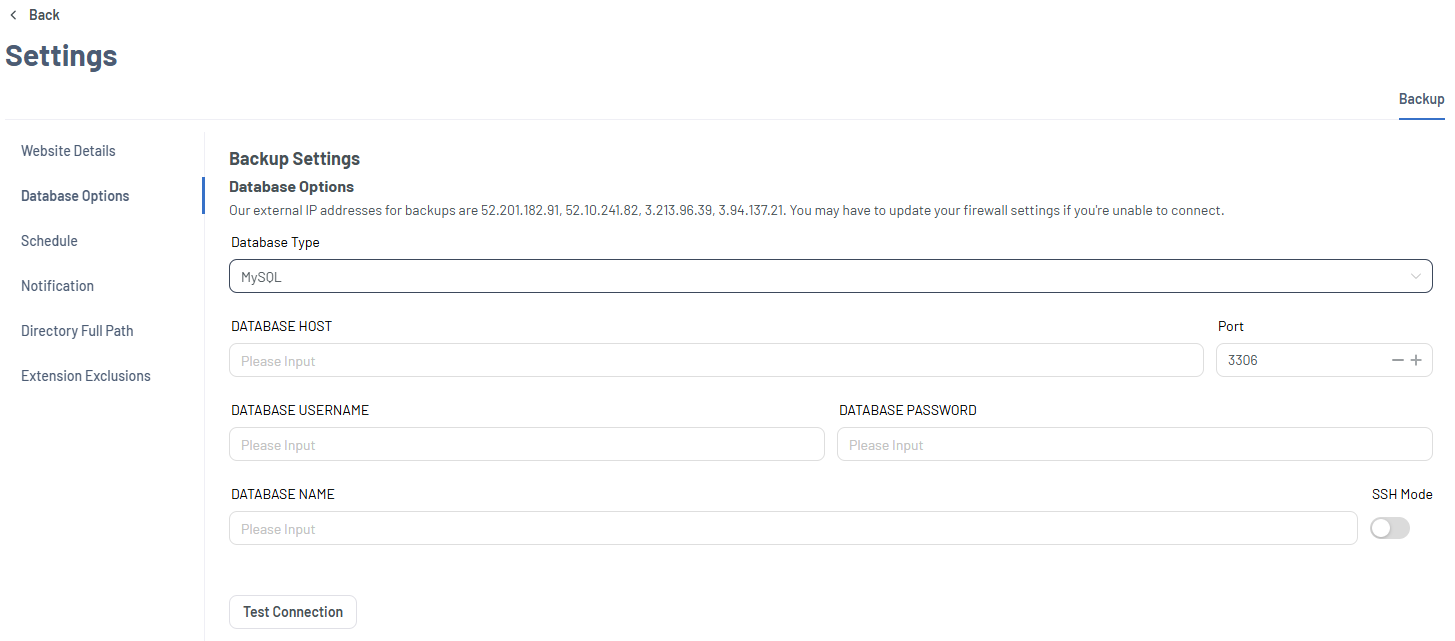Xcitium Settings tab - Database Options