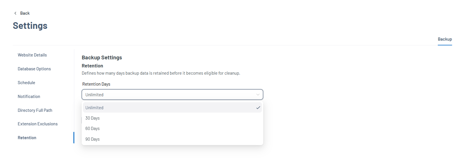 Xcitium Settings tab - Retention