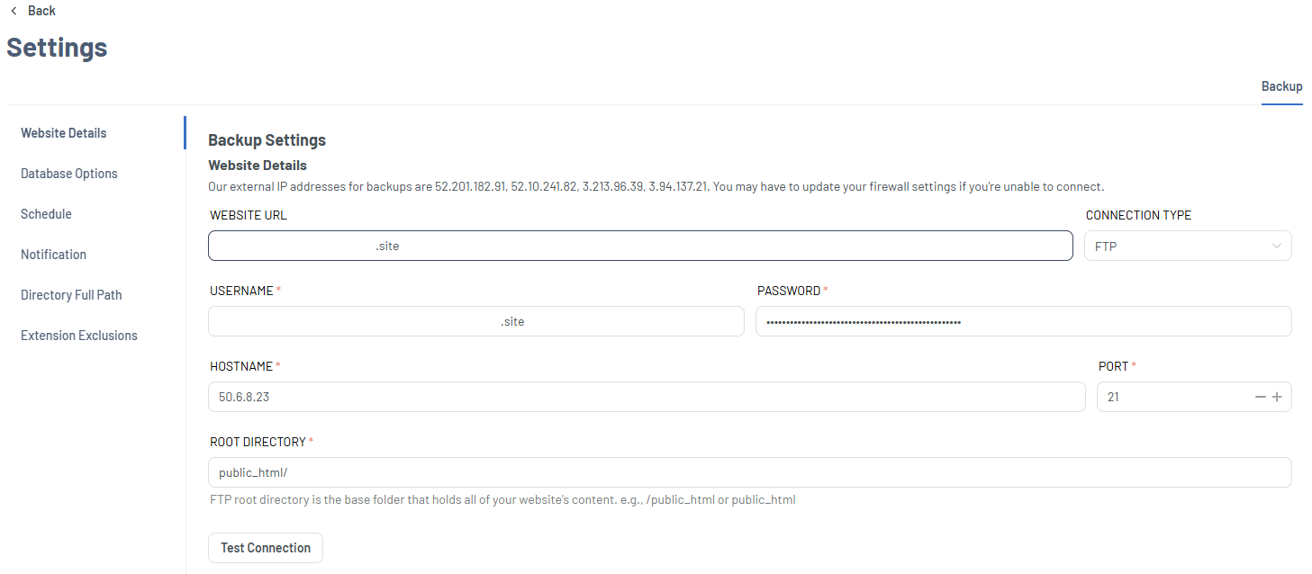 Xcitium Settings tab - Website Details