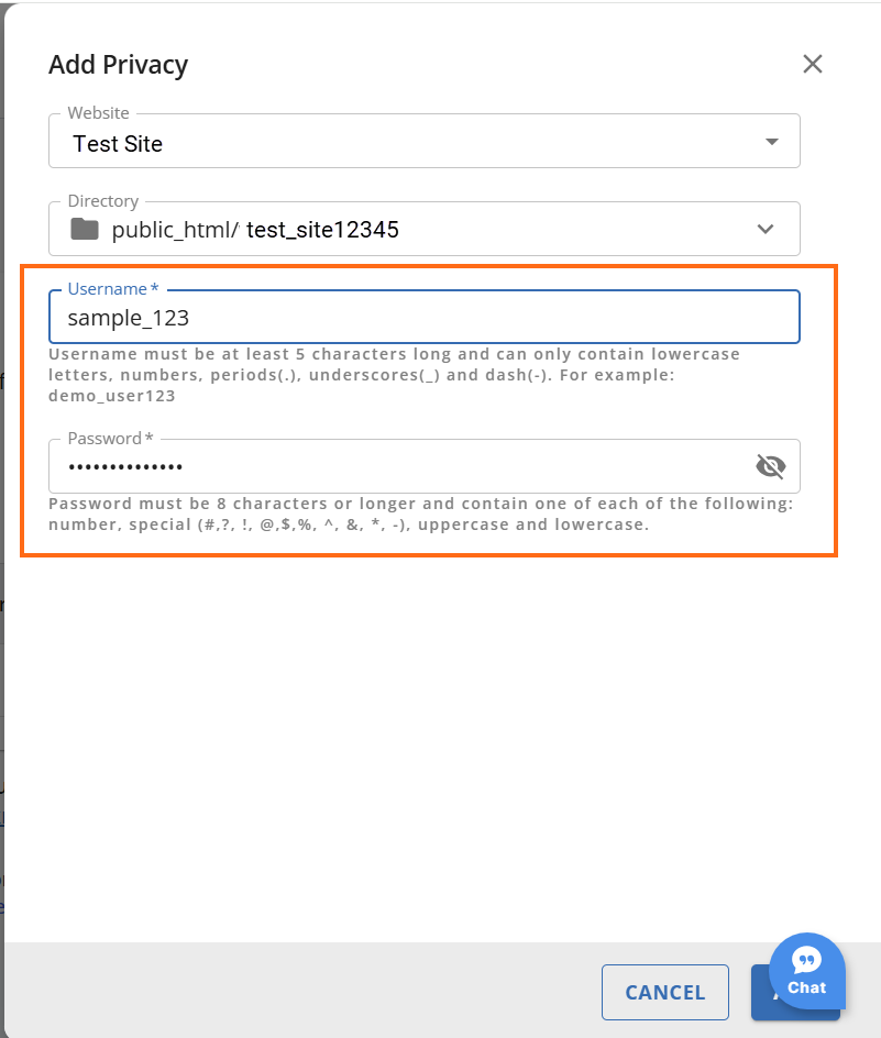 Add Privacy Username and Password