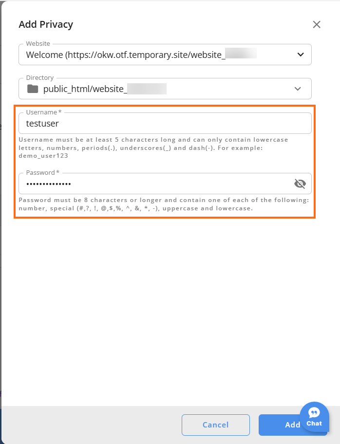 Add Privacy Username and Password