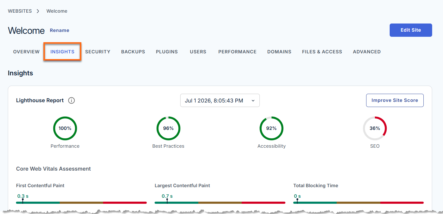 Websites tab - Insights tab