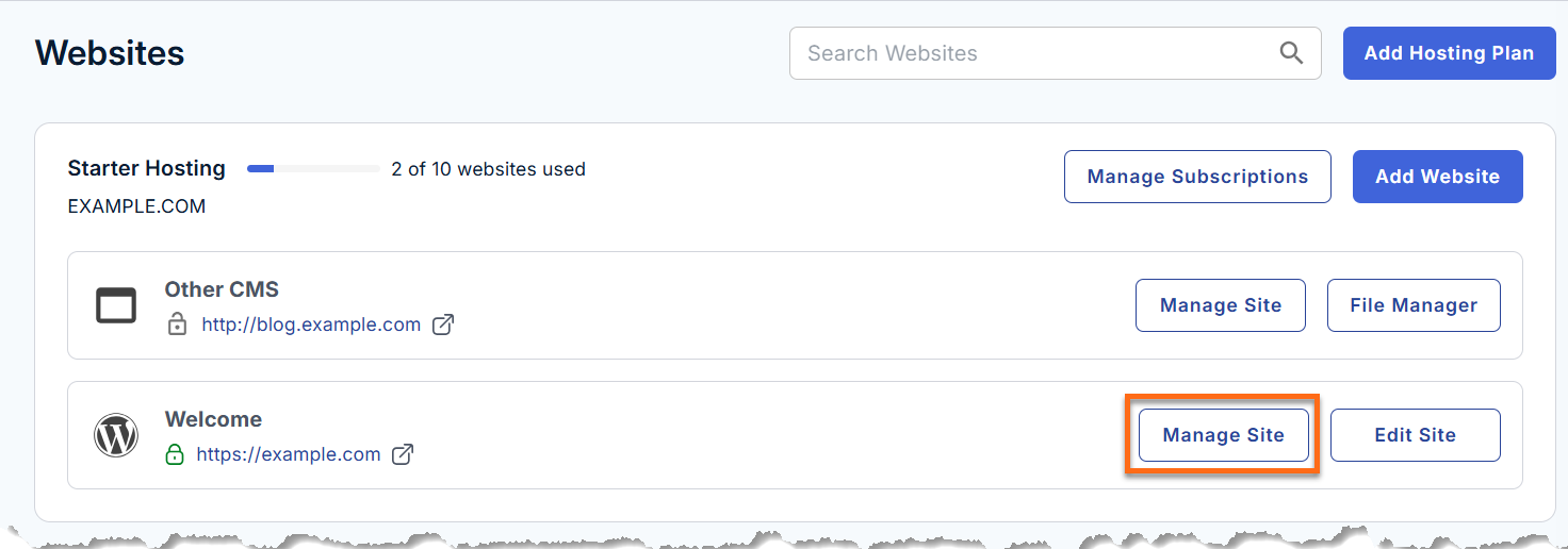 Customer Portal - Websites tab - Manage Site button