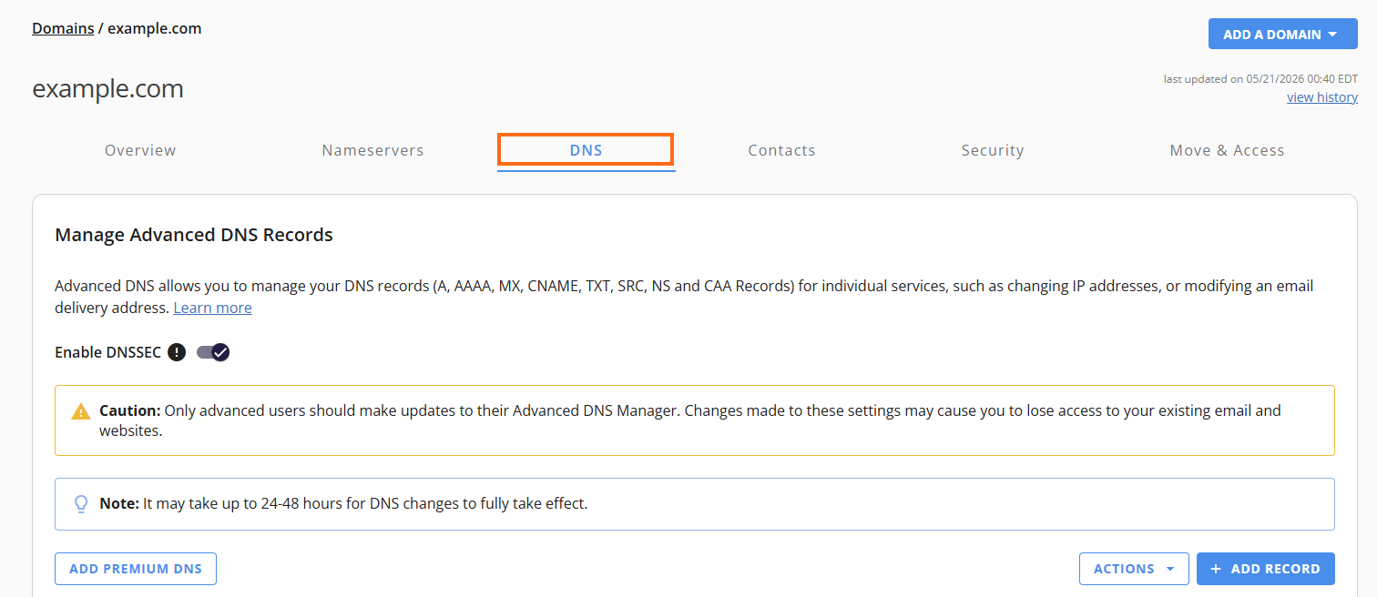 Domains tab - DNS tab