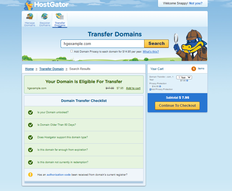 HostGator Domain Transfer Page