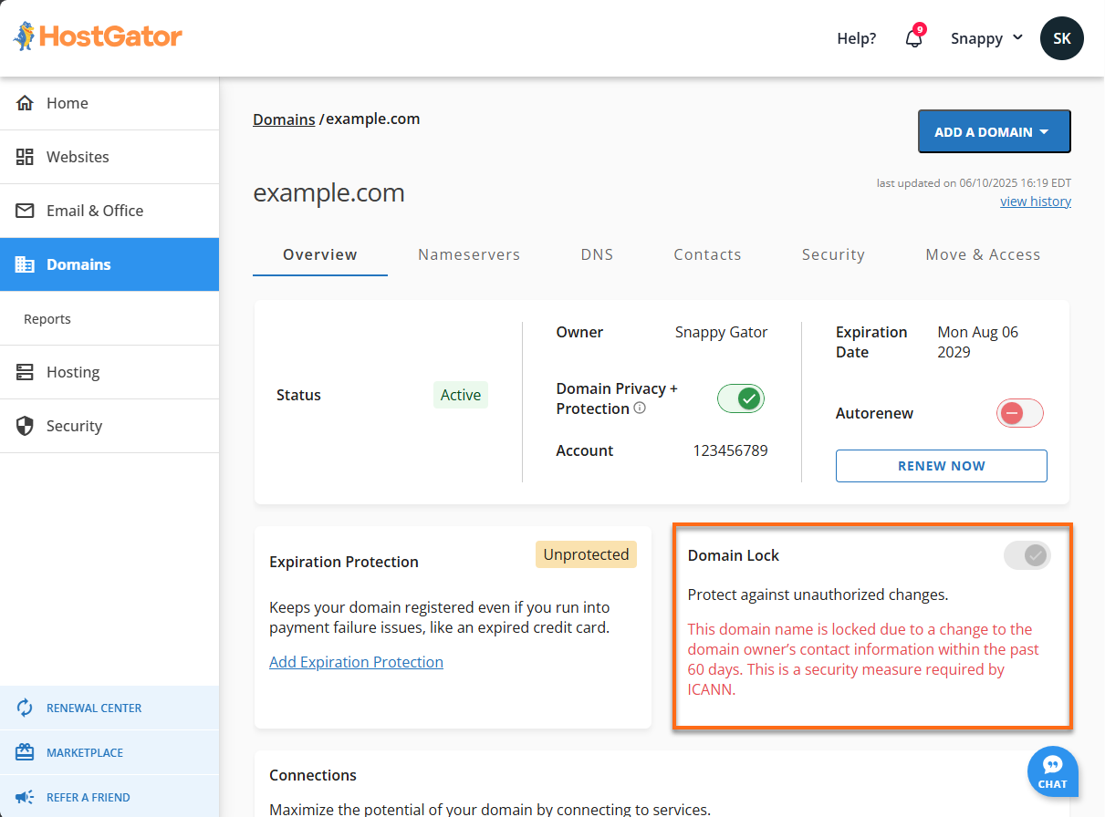 Domains tab - Domain Lock
