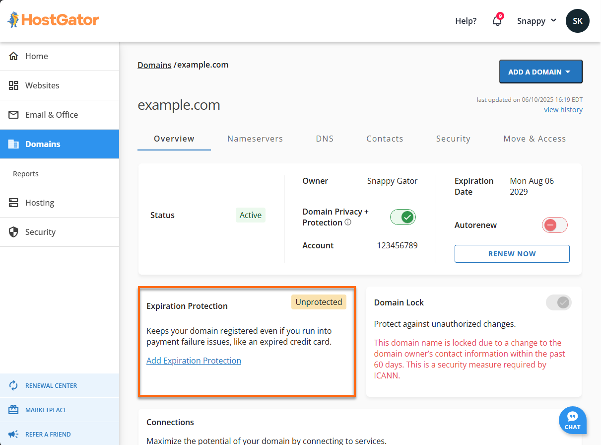 Domains tab - Expiration Protection