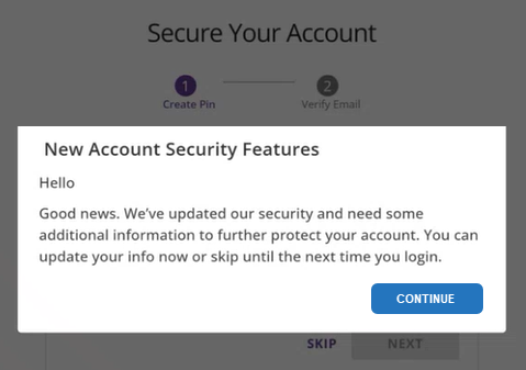 New Account Security Features - Continue button