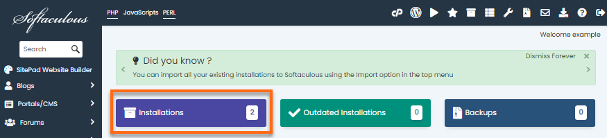Softaculous - Installations Box