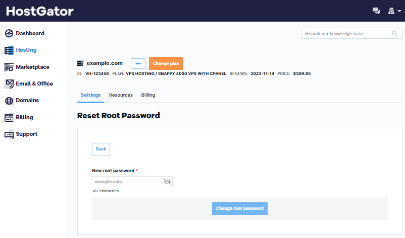 Reset Root Password Page