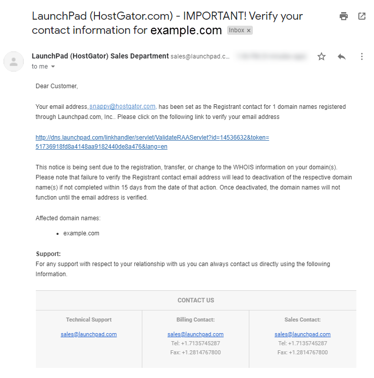 LaunchPad Domain Validation Email