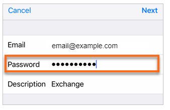 Area highlighted to provide password for Office 365 email on iOS