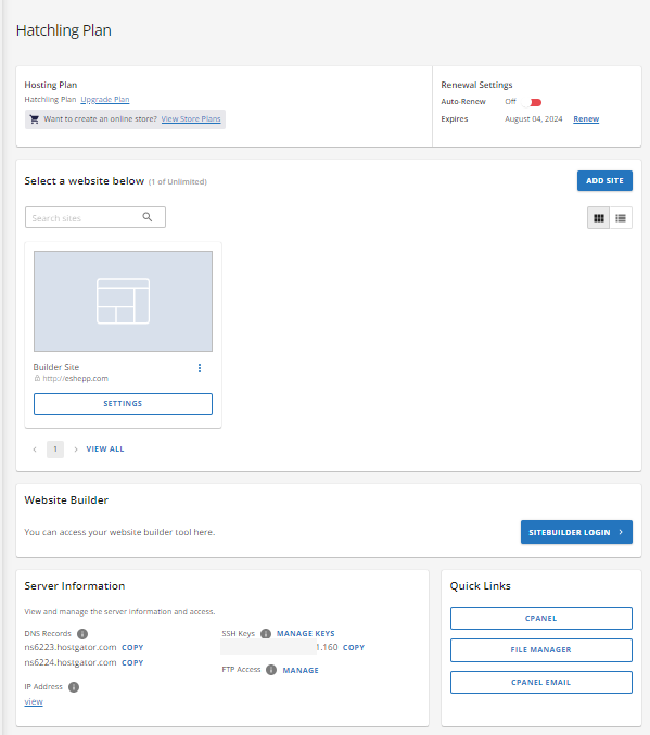Customer Portal - Hosting - Dashboard