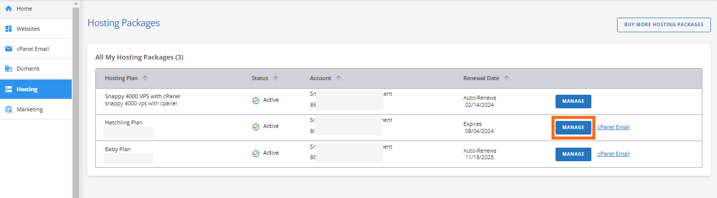 Customer Portal - Hosting - Manage