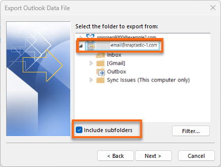 Microsoft Outlook Import and Export Wizard Select Folder