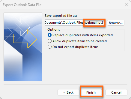 Microsoft Outlook Import and Export Wizard Name .pst File