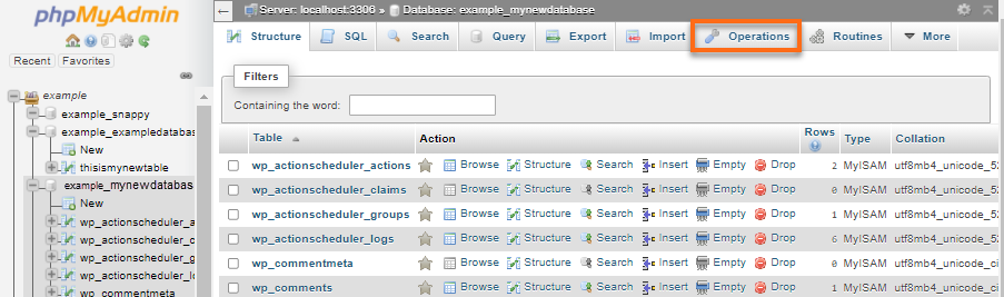 phpMyAdmin - Operations tab