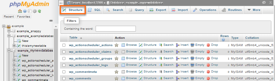 phpMyAdmin - Structure Tab