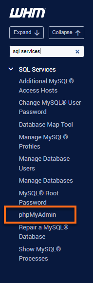 WHM - SQL Services - phpMyAdmin section