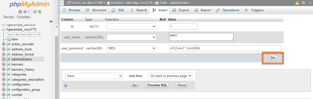 HostGator Databases phpMyAdmin osCommerce Change Password User Go
