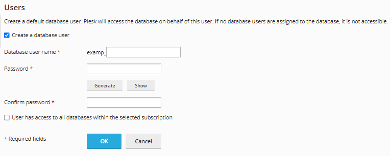Plesk - Enter details for Database User.