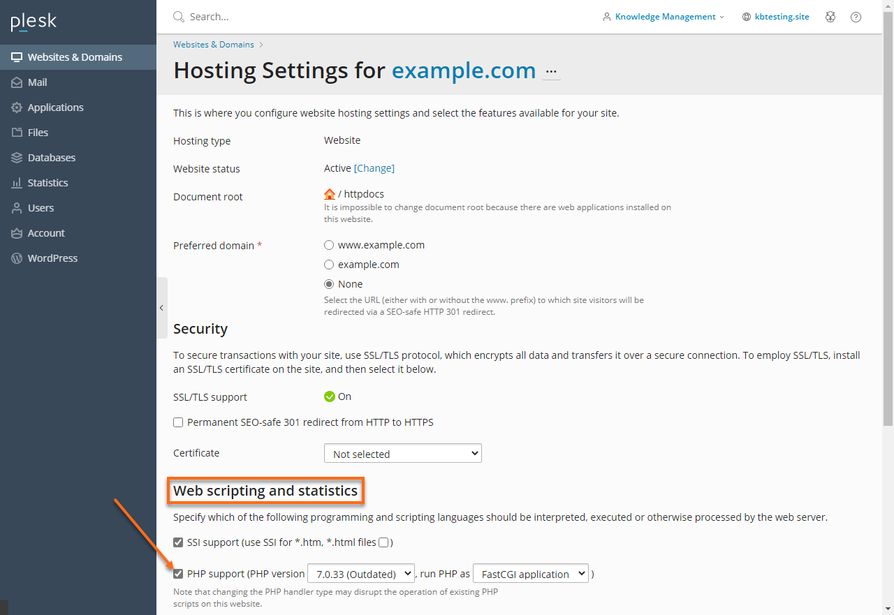 HostGator Plesk Website Domains Check Support PHP