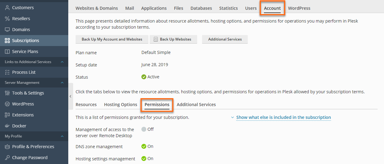 Plesk - Subscription Account Tab > Permissions