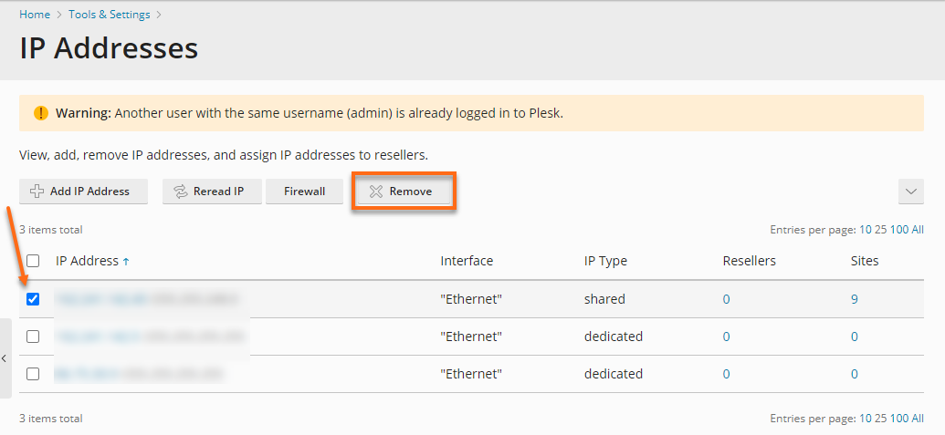 Plesk To Remove an IP Address