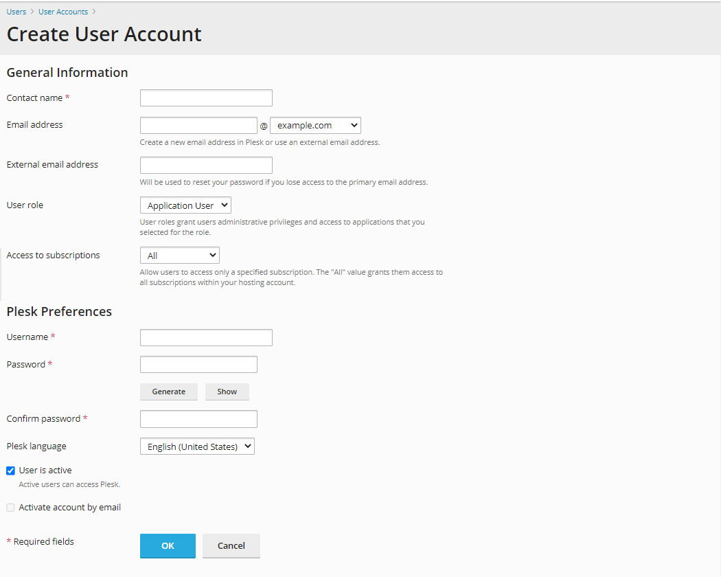 HostGators Plesk - Create User Account General Information
