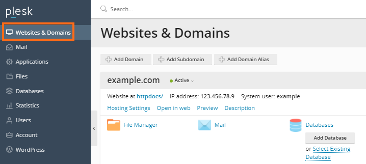 Plesk Websites & Domains tab