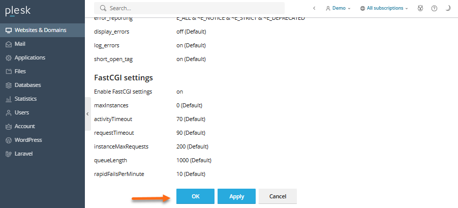 Change the PHP Version - OK or Apply button