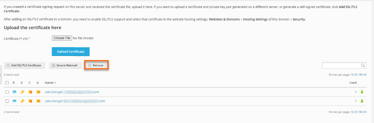 HostGator Plesk Download or remove Existing Certificates