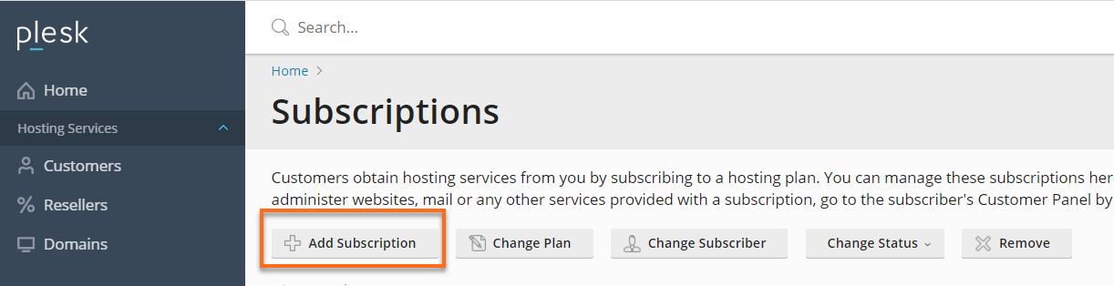 Plesk Add new subscription button
