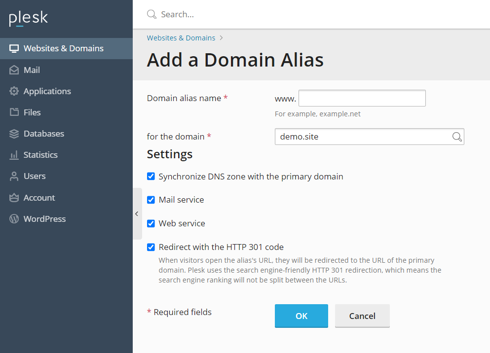 Add Domain Alias page