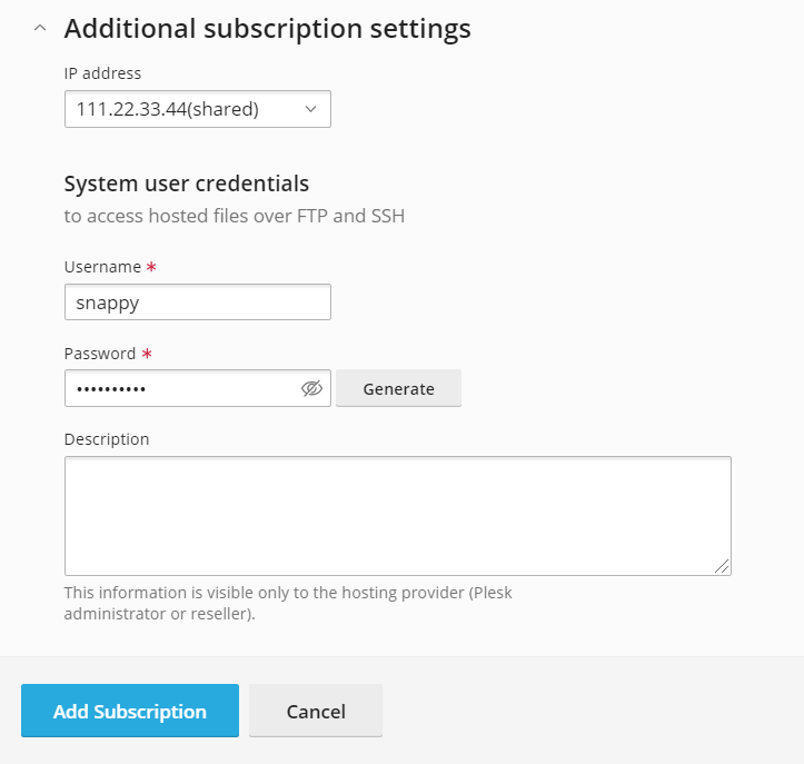 Plesk Addition Subscription Settings