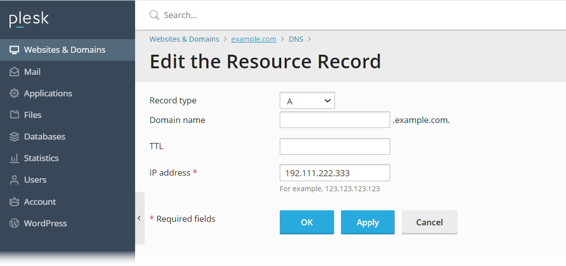 edit existing A record in Plesk