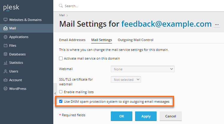 Plesk  Email Settings Tab