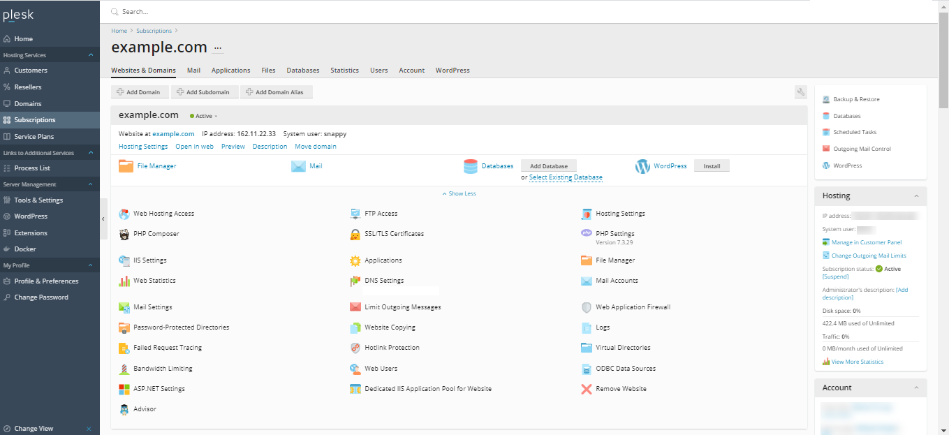 Plesk Subscription Details page