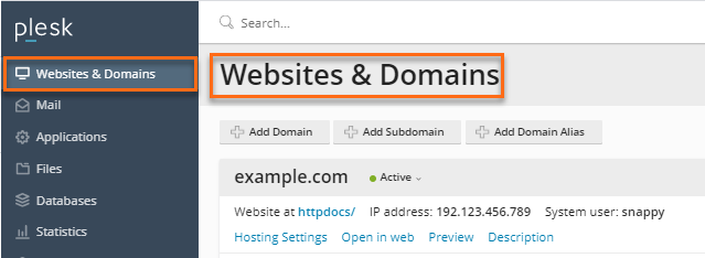 Plesk Websites & Domains section