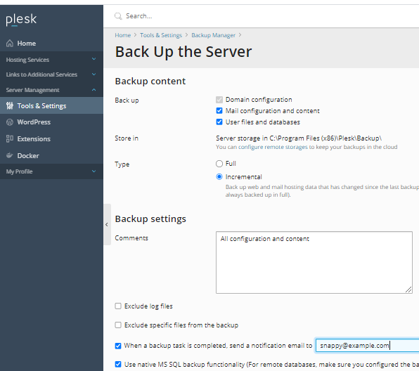 Backup Server Page