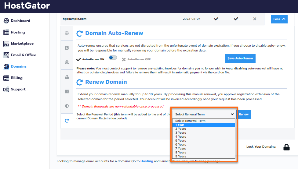 HostGator Customer Portal Domain Auto-Renewal Options
