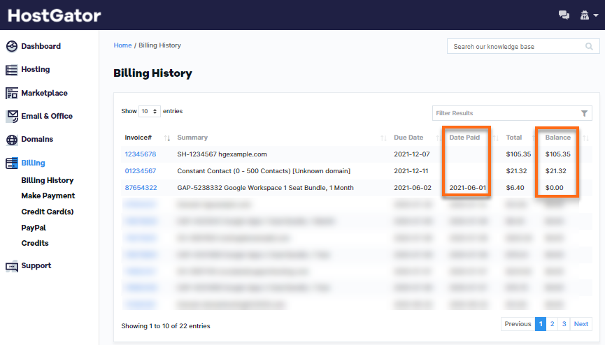 Billing History with Unpaid invoice