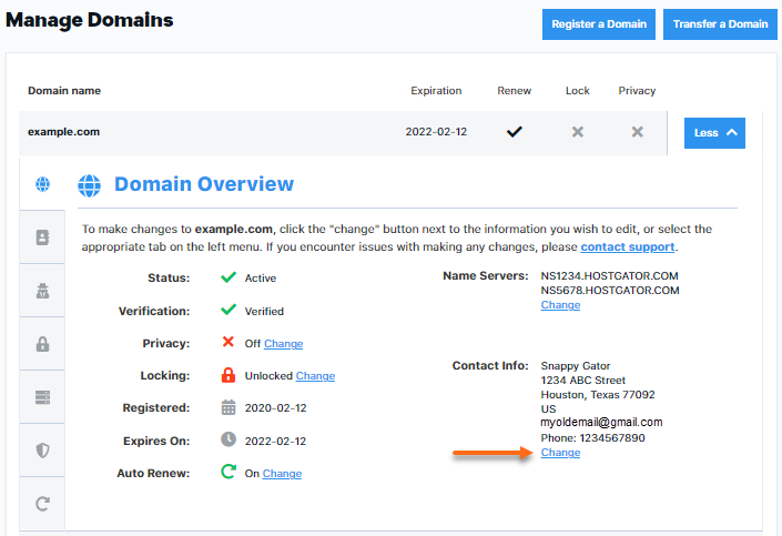 Customer Portal - Domains - Contact Info