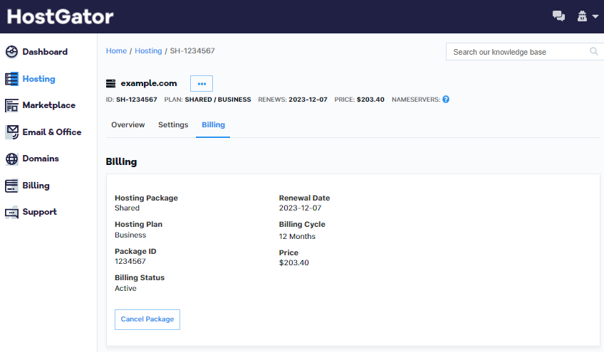 Customer Portal - Hosting - Billing Tab