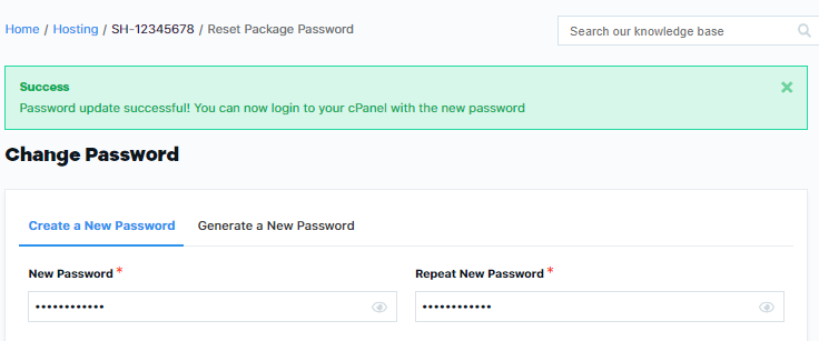 cPanel Password Reset Success Message