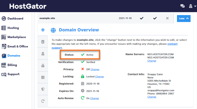 HostGator Domain Overview Domain Status