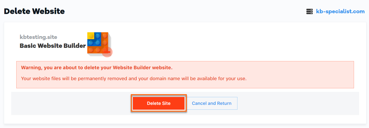 HostGator Website Builder Confirmation to Delete Site Warning